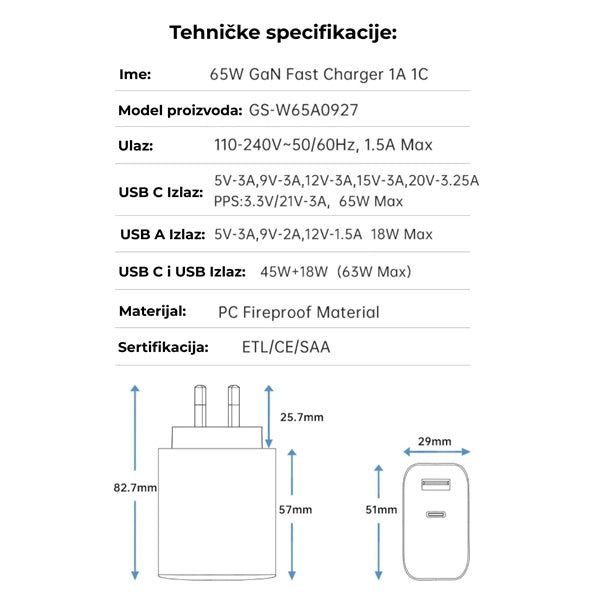 65W brzi USB-C/Type-C punjač - USB-C/Type-C adapter